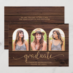Rustikales Holz Boho Arch Gold 3 Foto Abschluss Einladung