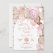 Rustikales Holz Boho Glitzer Ballons Rosa Sweet 16 Einladung (Vorderseite)