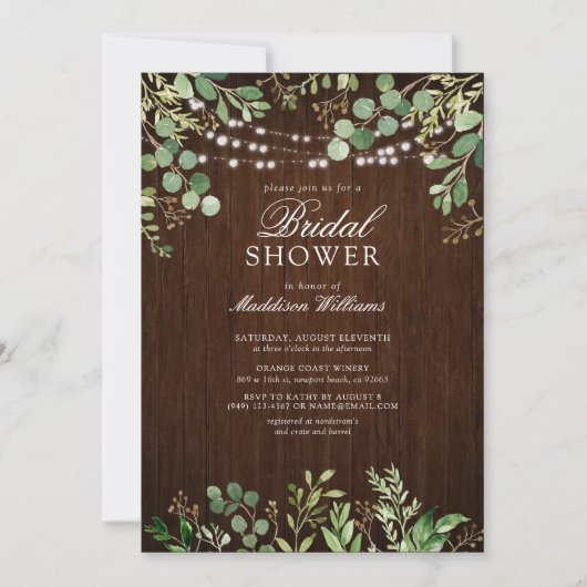 Rustikales Holz Botanicals String Lights Brautpart Einladung (Vorderseite)