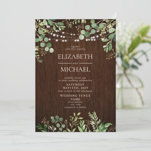 Rustikales Holz Botanicals String Lights Farm Hoch Einladung (Stehend Vorderseite)