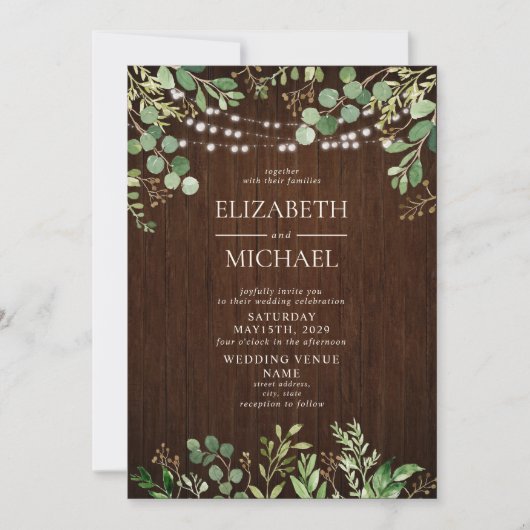 Rustikales Holz Botanicals String Lights Foto Hoch Einladung (Vorderseite)