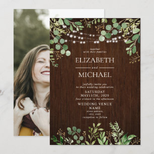 Rustikales Holz Botanicals String Lights Foto Hoch Einladung