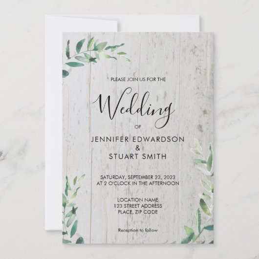 Rustikales Holz botanische Aquarellfarben Blätter  Einladung (Vorderseite)