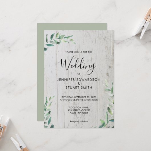 Rustikales Holz botanische Aquarellfarben Blätter Einladung (Vorderseite/Rückseite Beispiel)