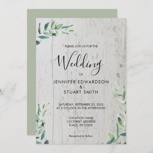 Rustikales Holz botanische Aquarellfarben Blätter Einladung (Vorne/Hinten)