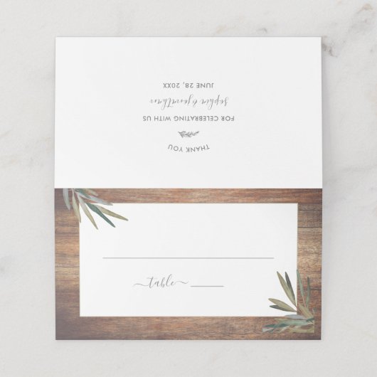 Rustikales Holz Botanische Wasserfarbenkraut Platzkarte (Außenseite Aufgefaltet)