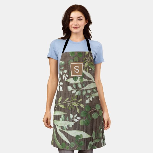Rustikales Holz Botanischer Grüner Monogramm Schürze (Getragen)