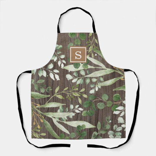 Rustikales Holz Botanischer Grüner Monogramm Schürze (Vorderseite)