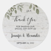 Rustikales Holz botanisches Monogramm Danke Hochze Runder Aufkleber (Vorderseite)