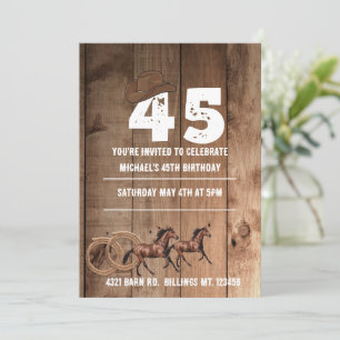 Rustikales Holz braunes Cowboy-Thema 45. Geburtsta Einladung