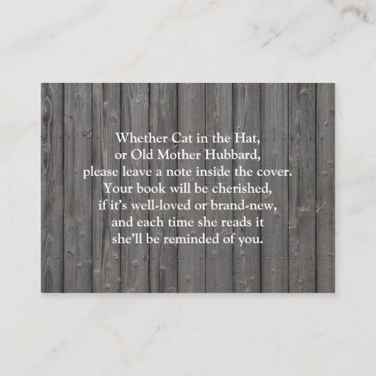 Rustikales Holz bringt eine Babydusche mit. Begleitkarte (Rückseite)