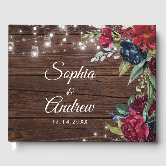 Rustikales Holz Burgund Blumenleuchten Hochzeit Gästebuch (Vorderseite)