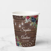 Rustikales Holz Burgund Blumenleuchten Hochzeit Pappbecher (Rückseite)