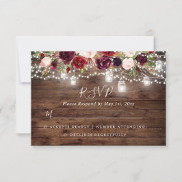 Rustikales Holz Burgund Blumenleuchten Hochzeit RSVP Karte