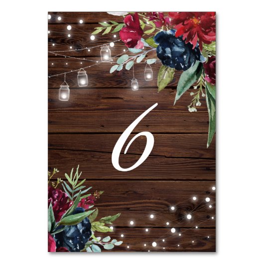 Rustikales Holz Burgund Blumenleuchten Holz 6 Tischnummer (Vorderseite)