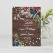 Rustikales Holz Burgund Blumenleuchten Save the Da Date (Stehend Vorderseite)