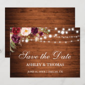 Rustikales Holz Burgund Blumenleuchten Save the Da Date (Vorne/Hinten)