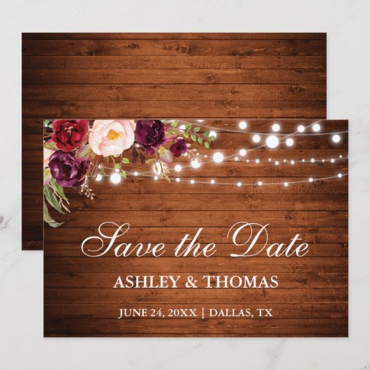 Rustikales Holz Burgund Blumenleuchten Save the Da Date (Vorne/Hinten)