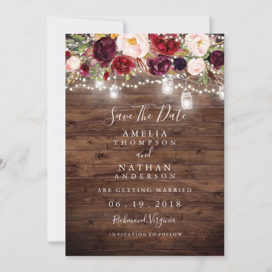 Rustikales Holz Burgund Blumenleuchten Save the Da Save The Date (Vorderseite)