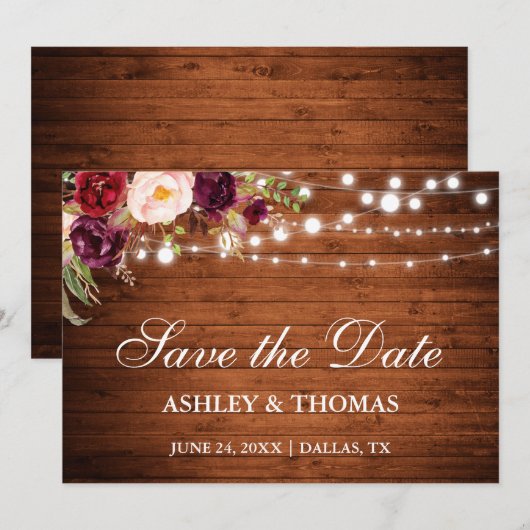 Rustikales Holz Burgund Blumenleuchten Save the Da Save The Date (Vorne/Hinten)