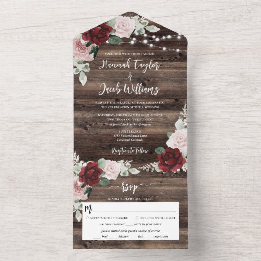 Rustikales Holz Burgund Blumenzwiebeln Hochzeit All In One Einladung (Innen Boden)