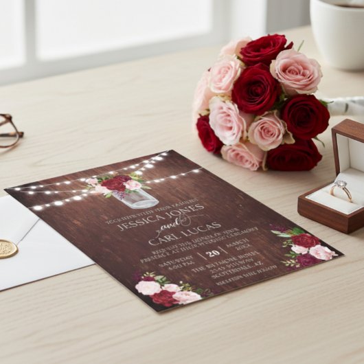 Rustikales Holz Burgund Blush Pink Rose Mason Jar Flyer