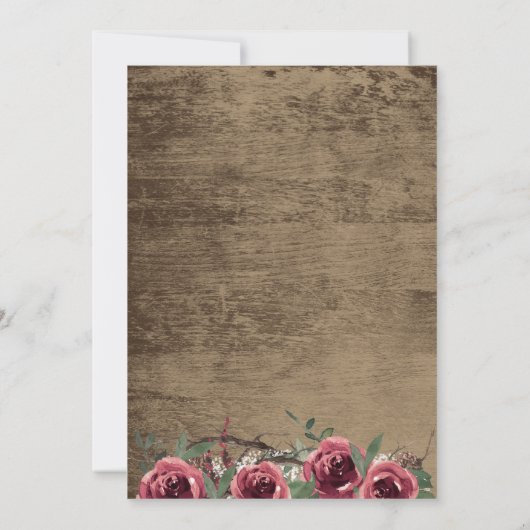 Rustikales Holz-Burgund-Blütenbaum-Slice-Hochzeit Einladung (Rückseite)