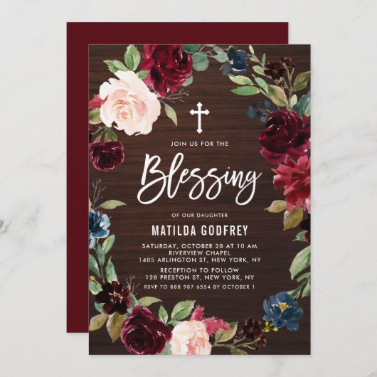 Rustikales Holz Burgund Fall Blumenzauber Segen Einladung (Vorne/Hinten)