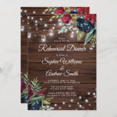 Rustikales Holz Burgund Floral Lights Diner Einladung (Vorne/Hinten)