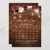Rustikales Holz Burgund Floral Mason Jar Kalender Save The Date (Vorne/Hinten)
