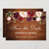 Rustikales Holz Burgund Floral Save the Date (Vorne/Hinten)