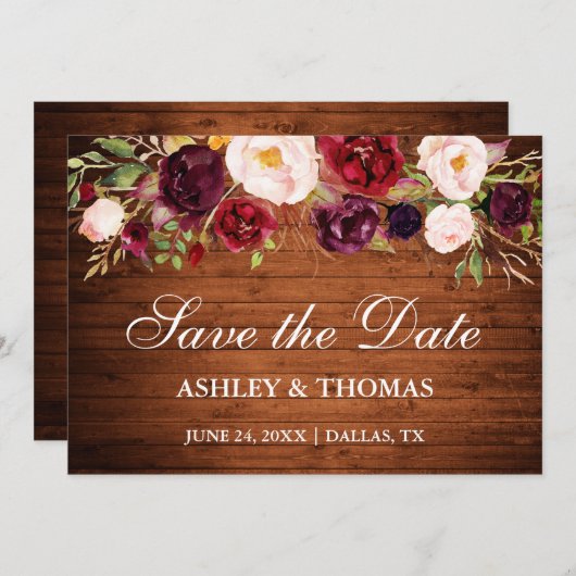 Rustikales Holz Burgund Floral Save the Date (Vorne/Hinten)