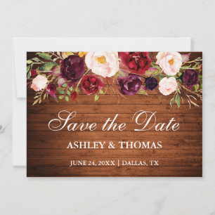 Rustikales Holz Burgund Floral Save the Date