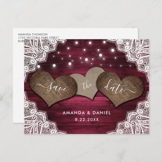 Rustikales Holz-Burgund-Hochzeit retten das Datum Ankündigungspostkarte (Vorne/Hinten)