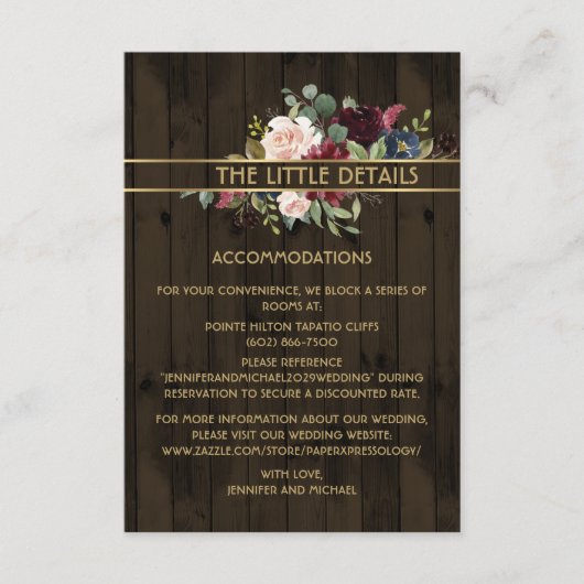 Rustikales Holz Burgund Marine Gold Bouquet Detail Begleitkarte (Vorderseite)