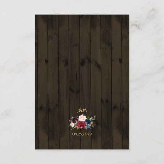 Rustikales Holz Burgund Marine Gold Bouquet Detail Begleitkarte (Rückseite)