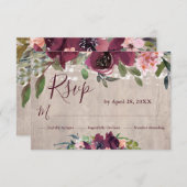 Rustikales Holz Burgund & Pinks Boho Floral Lights RSVP Karte (Vorne/Hinten)
