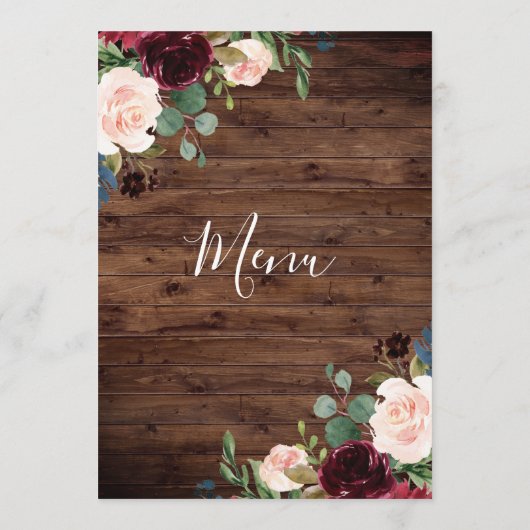 Rustikales Holz Burgund Roter Wein Blume Hochzeit Menükarte (Rückseite)