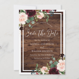 Rustikales Holz Burgund Roter Wein Blume Hochzeit Save The Date