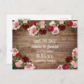 Rustikales Holz Burgundy Blush Pink Floral Rett Da Postkarte (Vorne/Hinten)