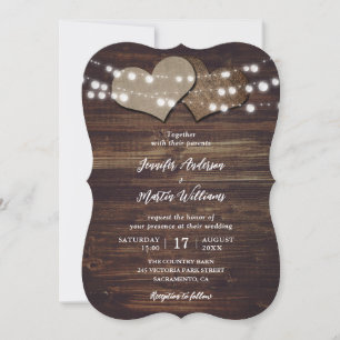Rustikales Holz-Burlap Hearts String Lights Hochze Einladung