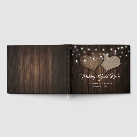 Rustikales Holz-Burlap Hearts String Lights Hochze Gästebuch (Voll)