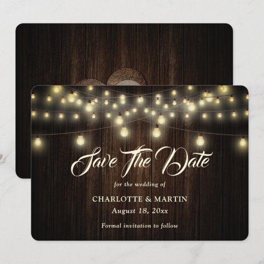 Rustikales Holz-Burlap Hearts String Lights Hochze Save The Date (Vorne/Hinten)