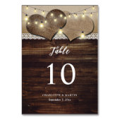Rustikales Holz-Burlap Hearts String Lights Hochze Tischnummer (Vorderseite)