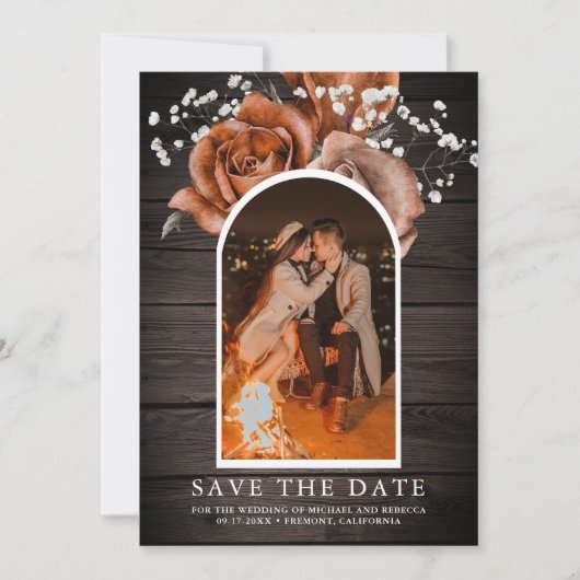 Rustikales Holz Burnt Orange Rose Terracotta Weddi Save The Date (Vorderseite)