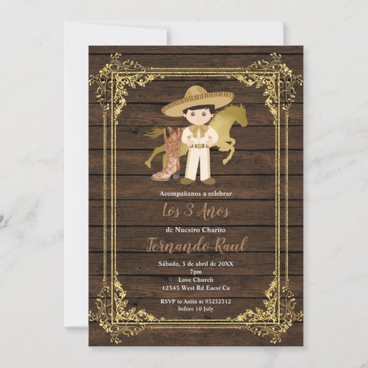 Rustikales Holz Charro Tres Anos Einladung (Vorderseite)