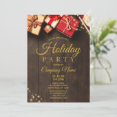 Rustikales Holz Corporate Gold Weihnachtsfest Part Einladung (Stehend Vorderseite)