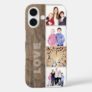 Rustikales Holz Custom 4 Foto Collage Personalisie iPhone 16 Hülle