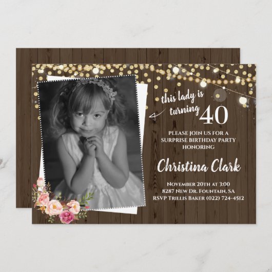 Rustikales Holz Custom Foto Blumenfrauen Geburtsta Einladung (Vorne/Hinten)
