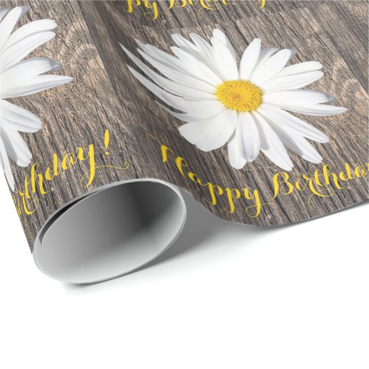 Rustikales Holz, Daisy Happy Birthday! Geschenkpap Geschenkpapier (Rolleneckpunkt)
